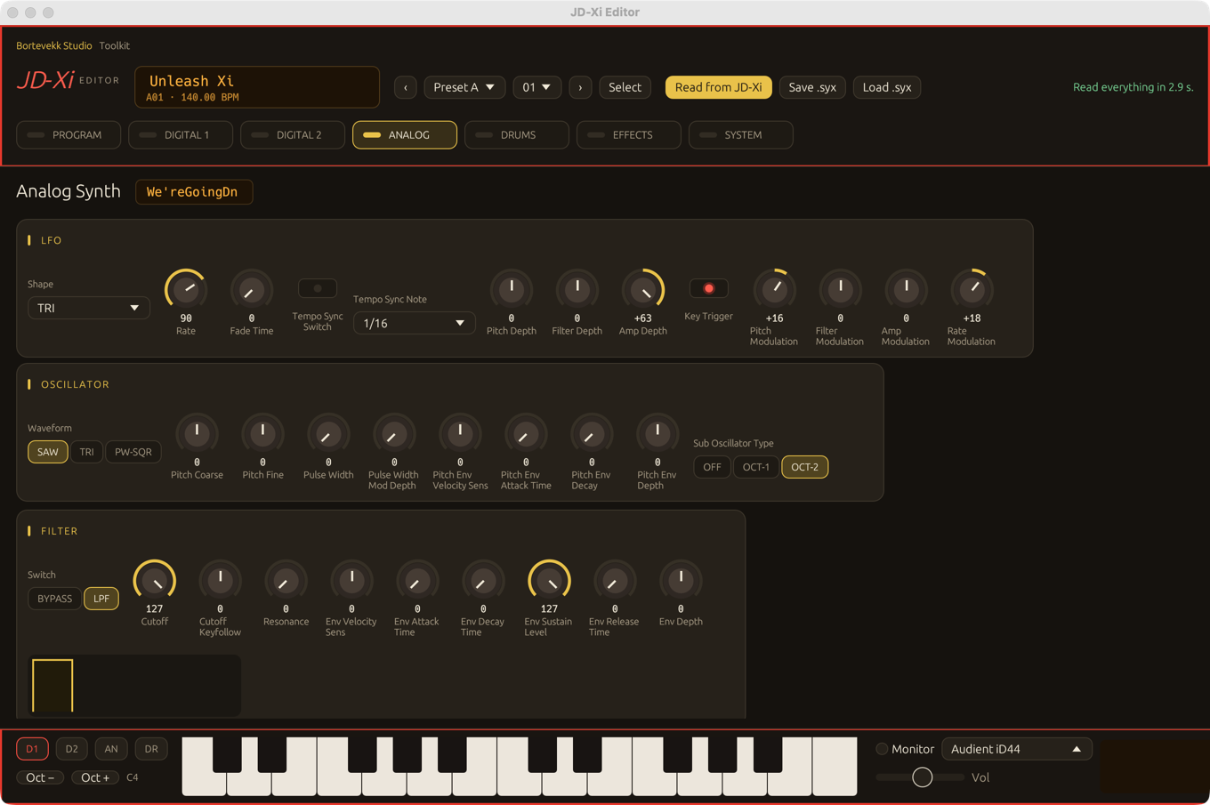 The JD-Xi Editor app on the Analog page