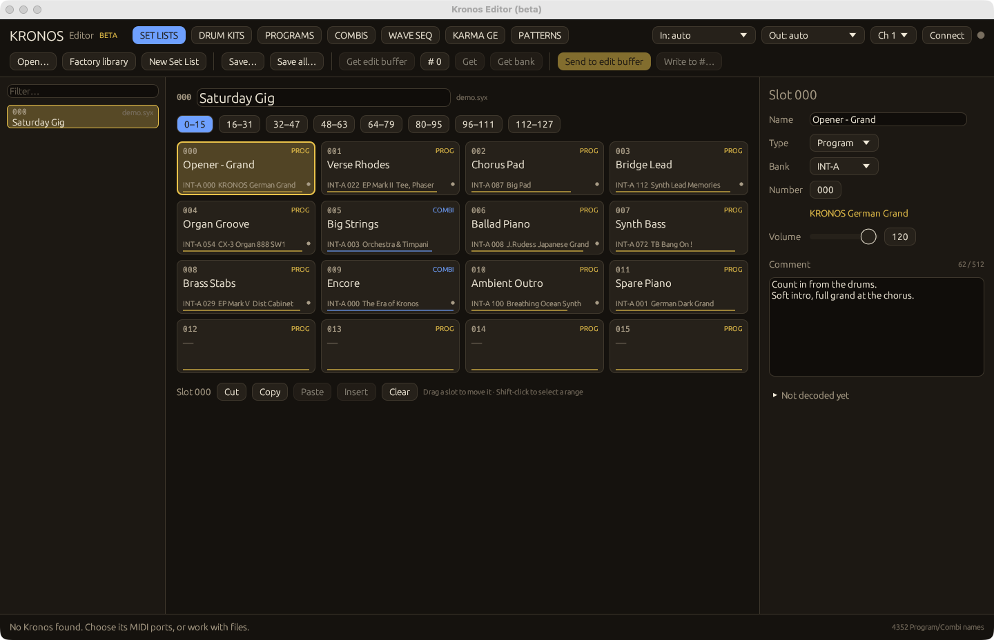 The Kronos Editor app showing a Set List
