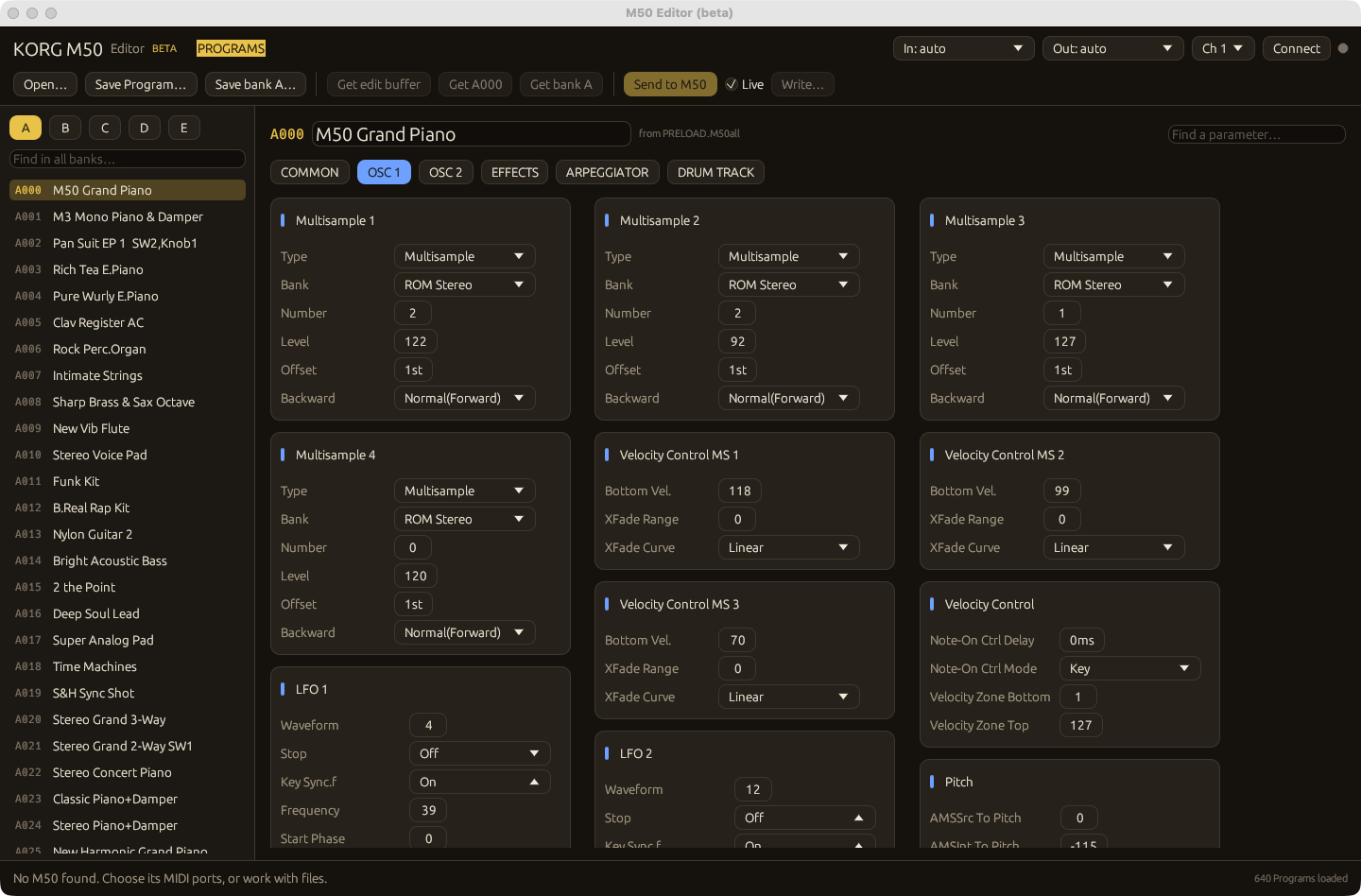 The M50 Editor showing a factory Program on the OSC 1 page