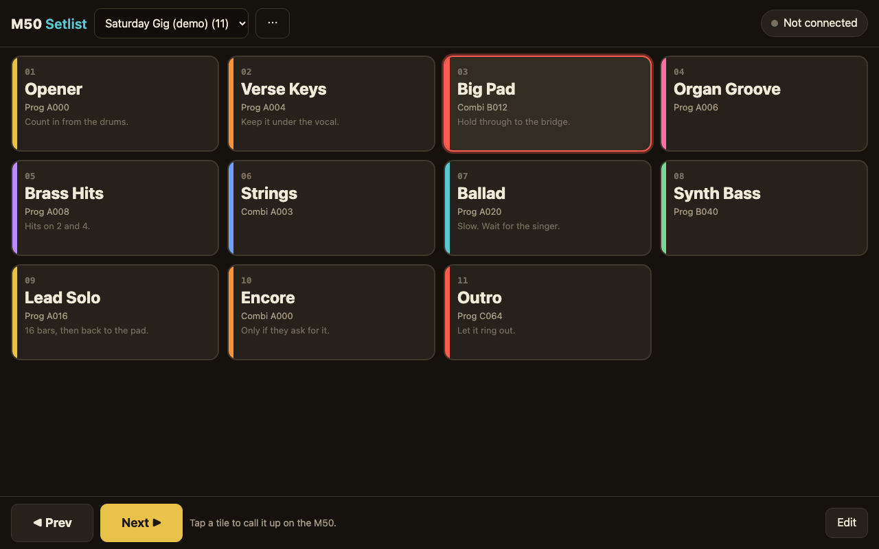 M50 Setlist on a tablet: a set called Saturday Gig with eleven coloured tiles, Big Pad highlighted, and large Prev and Next buttons