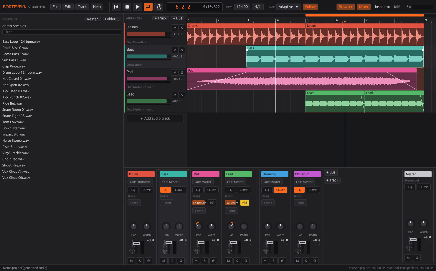 Bortevekk Studio Pro with a demo song in the arrangement view and the mixer below