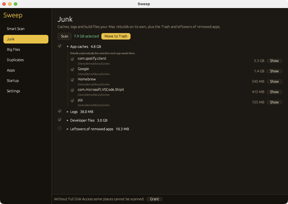 The Sweep app on the Junk page