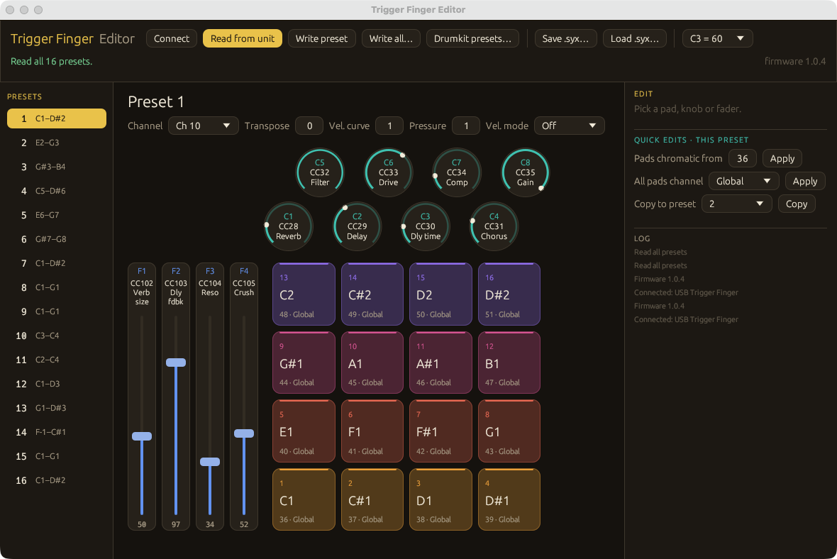 The Trigger Finger Editor app showing a preset with its pads, knobs and faders